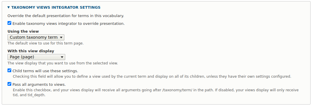 Selecting views for vocabularies and terms in the Taxonomy Views Integrator Settings