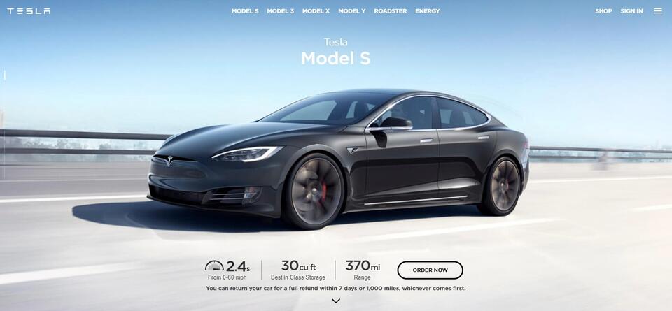 Tesla.com bietet klare Schaltflächen