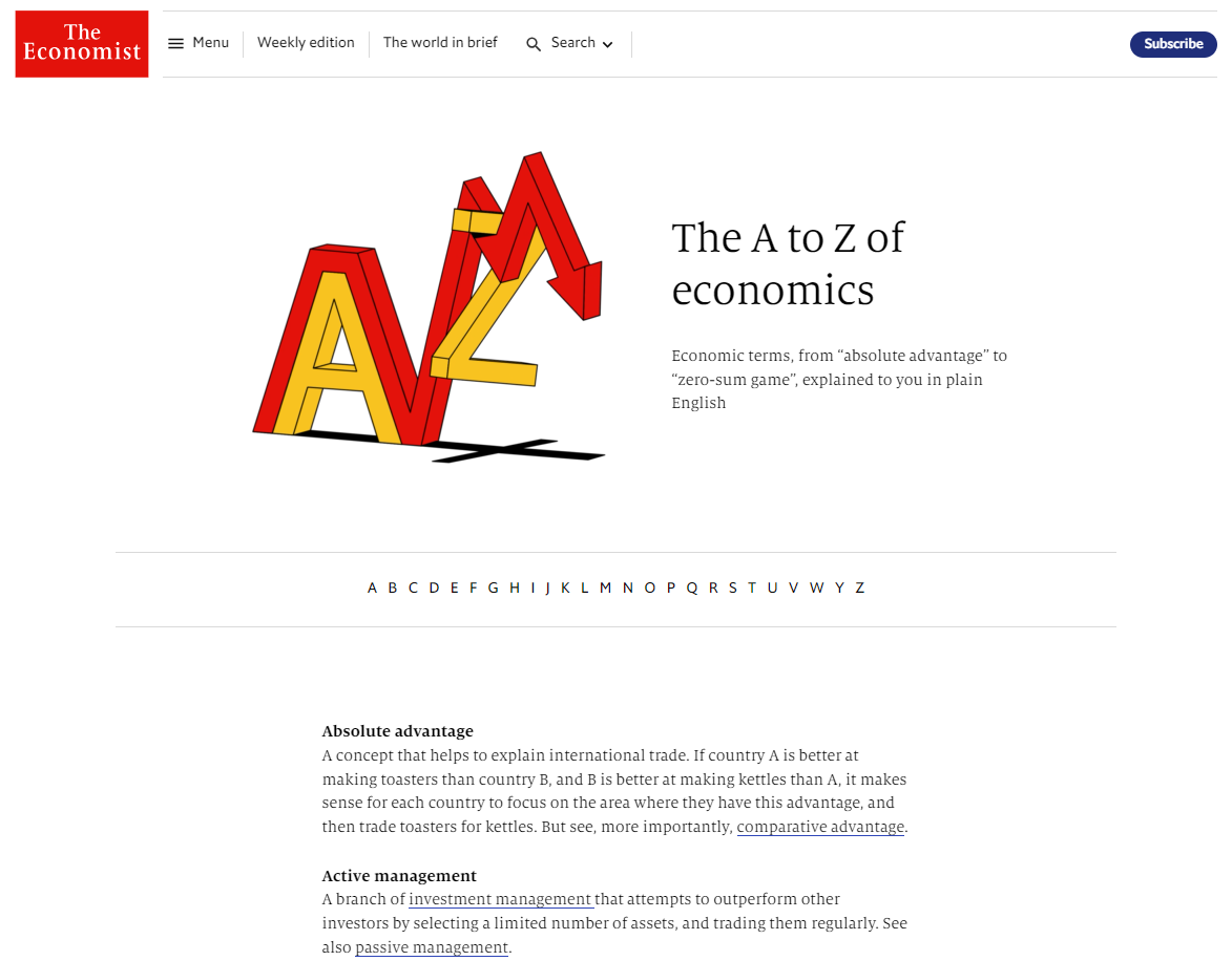 The Economist provides readers with resources such as a dictionary explaining economic terms