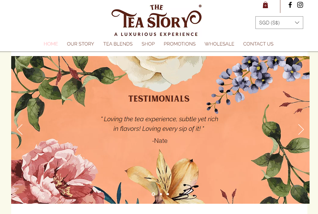 Customer testimonials section on The Tea Story website