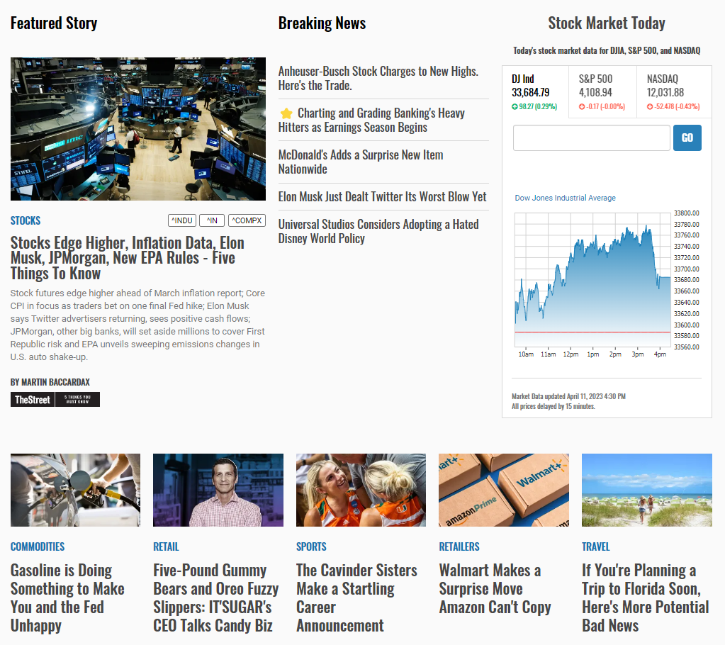 TheStreet stock research website provides articles written by analysts, financial indices and charts