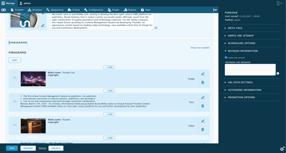 Paragraphs in Thunder distribution make it easier to work with multimedia and text in Drupal