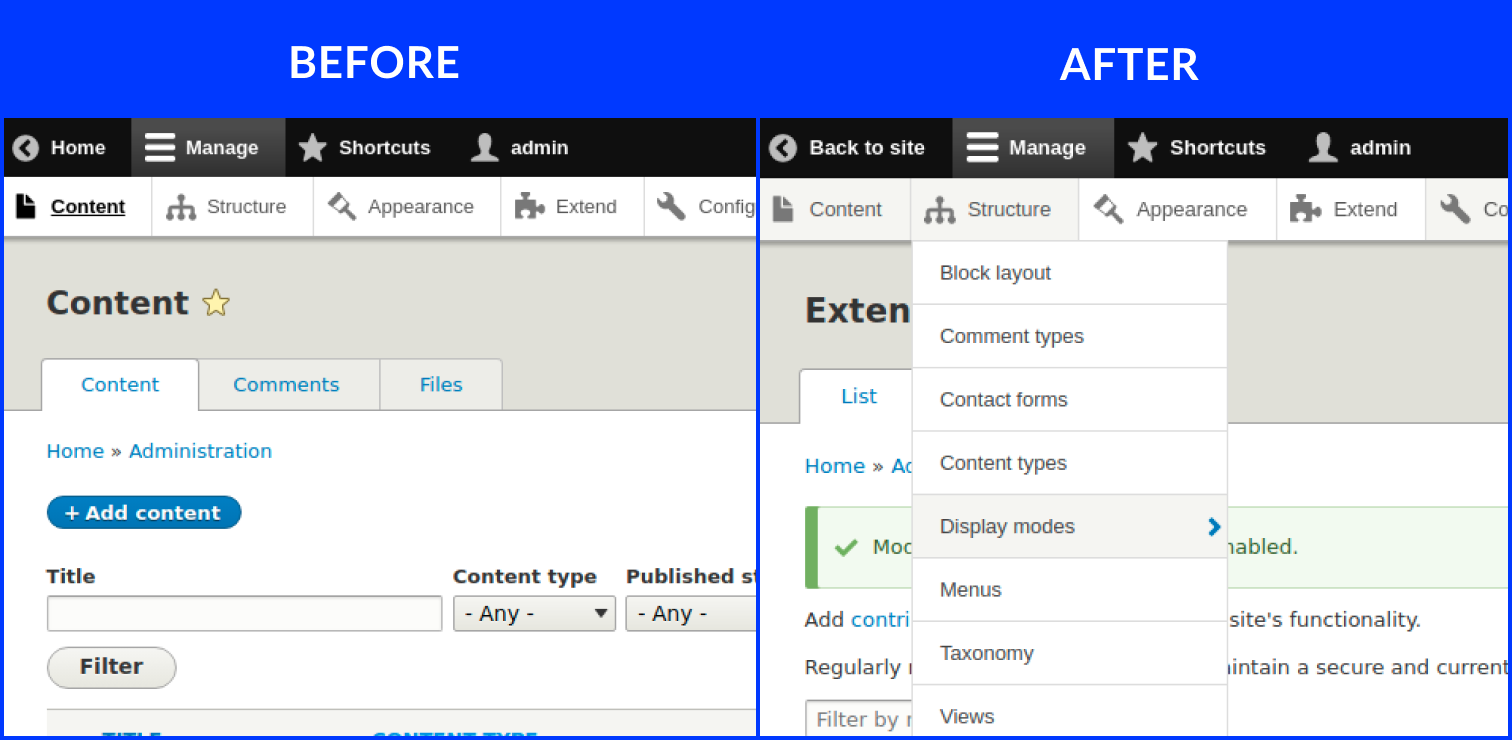 The look of the toolbar in Drupal before and after applying the Admin Toolbar module