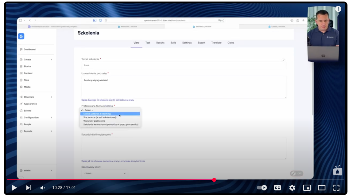The training request form in Open Intranet includes fields with ready-made answers to choose from