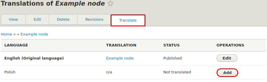 After going to the Translate tab, click add to show the translation form