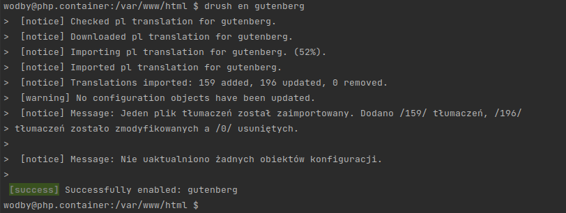 Using the Drush command to enable the Gutenberg module in Drupal
