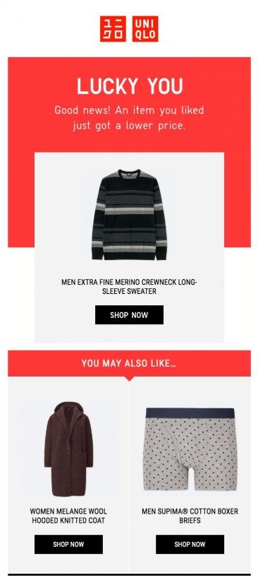 The automated email from Uniqlo encourages the customer to make a purchase
