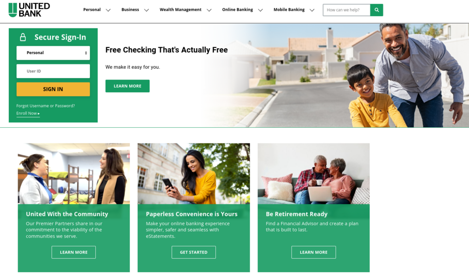 The United bank website uses a green color to highlight the most important sections
