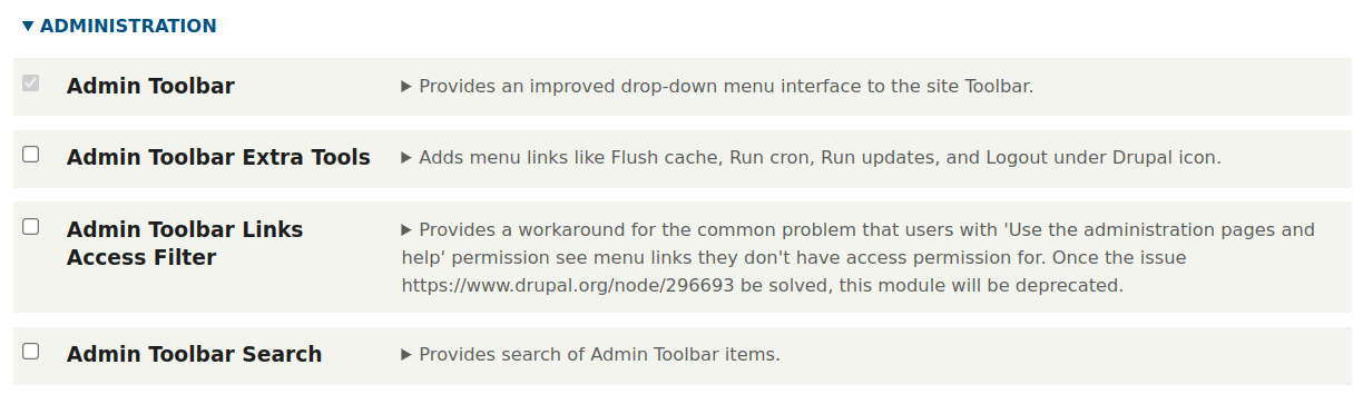 After installing the Admin Toolbar, we see not only this Drupal module but also additional ones