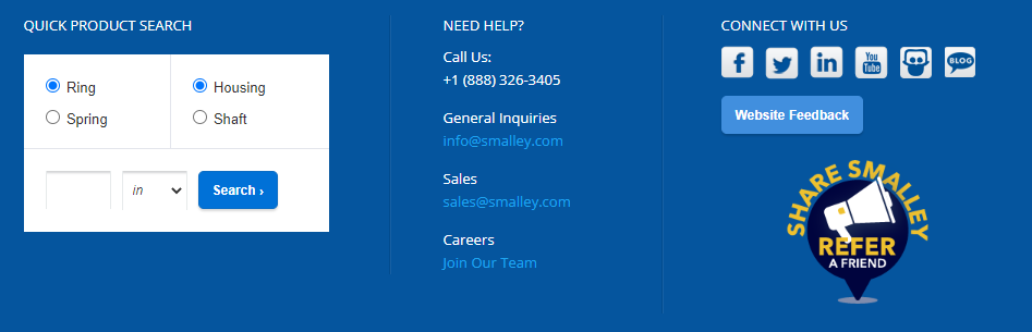 Im Footer der Smalley-Website befindet sich ein einfacher Produktsucher des Unternehmens
