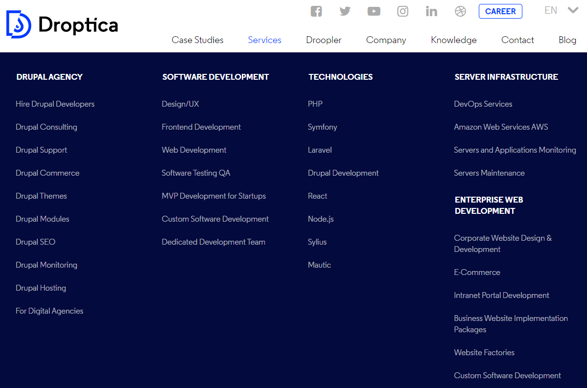 Menu placed horizontally with drop-down lists on the Droptica website