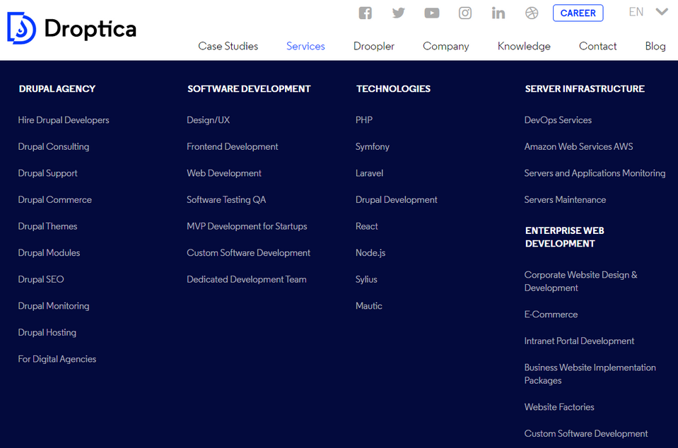 Menu placed horizontally with drop-down lists on the Droptica website