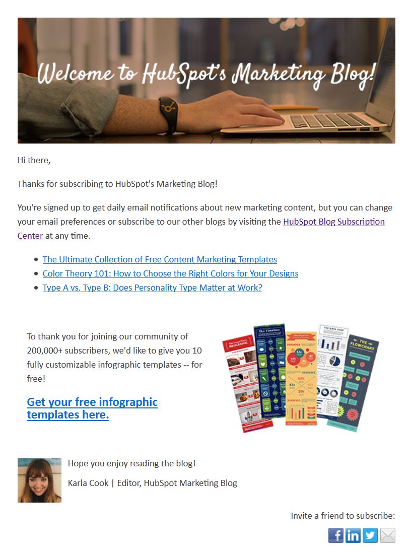 The welcome email from HubSpot includes not only a greeting, but also additional free materials for the recipient