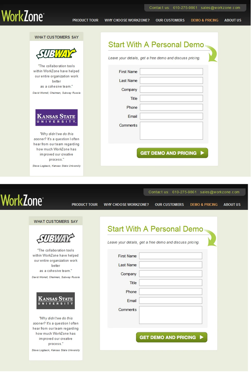 Workzone used AB test to check if black and white logos next to testimonial are better than colored