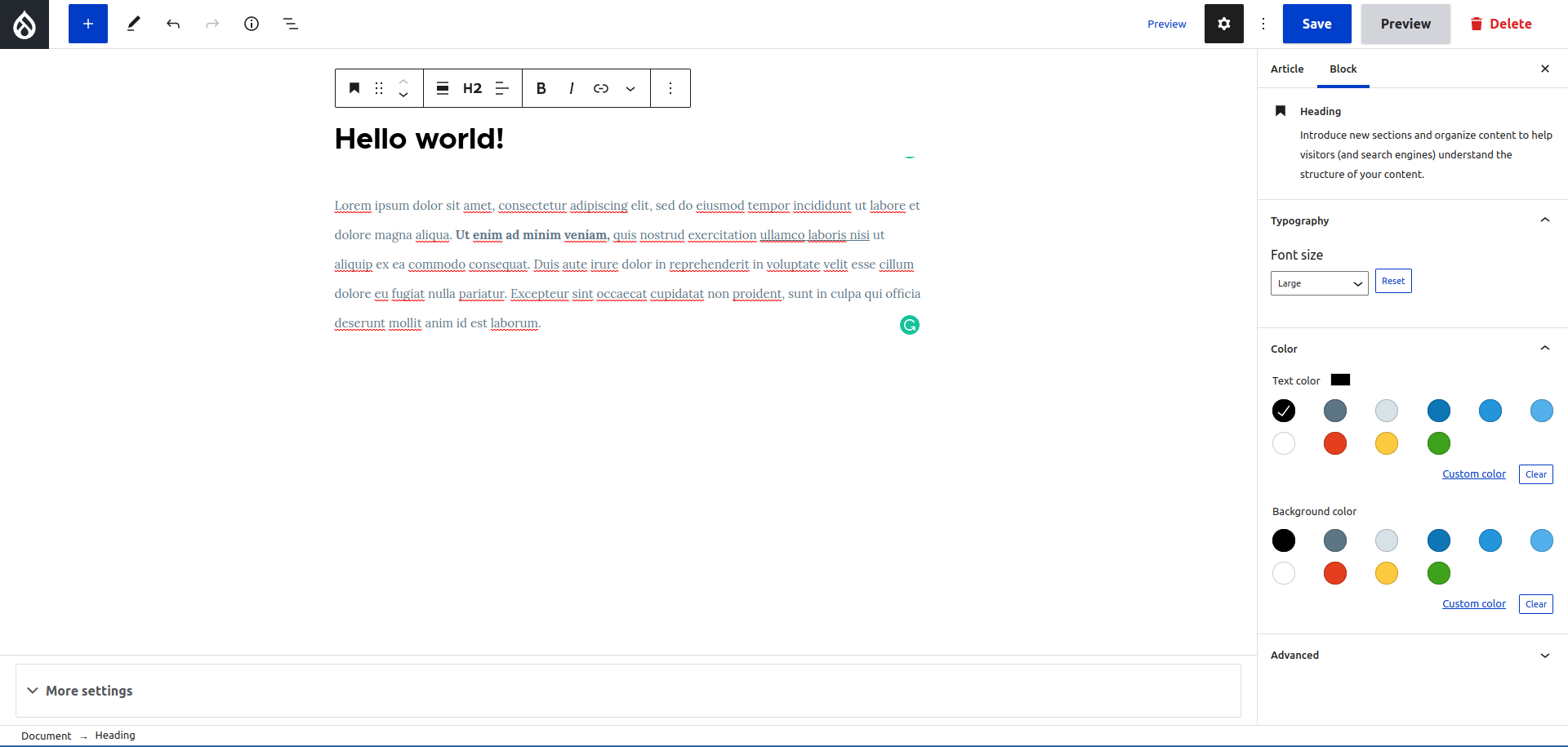 Working on an article using the Drupal Gutenberg module