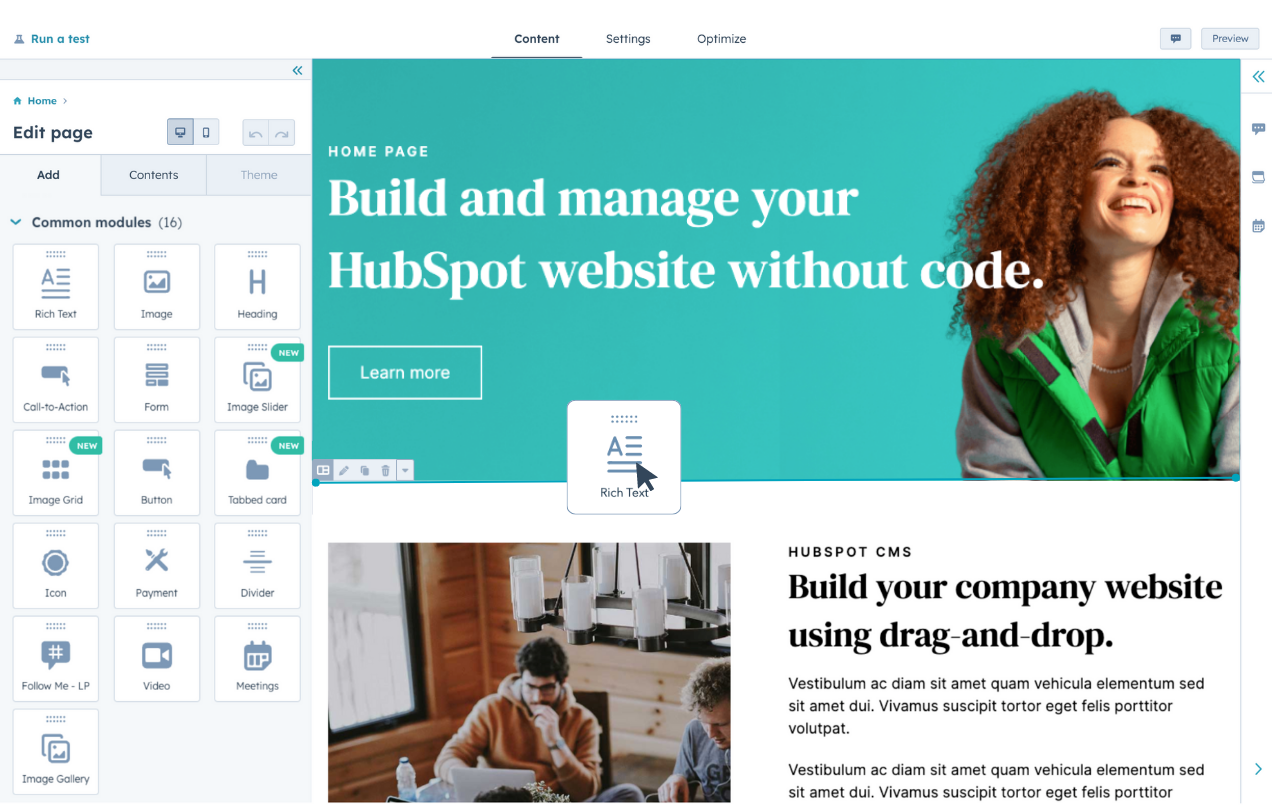 Building a page using the WYSIWYG editor in HubSpot CMS
