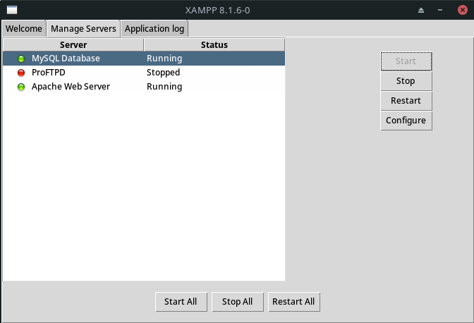 The Manage Servers tab that shows running and stopped services in Xampp