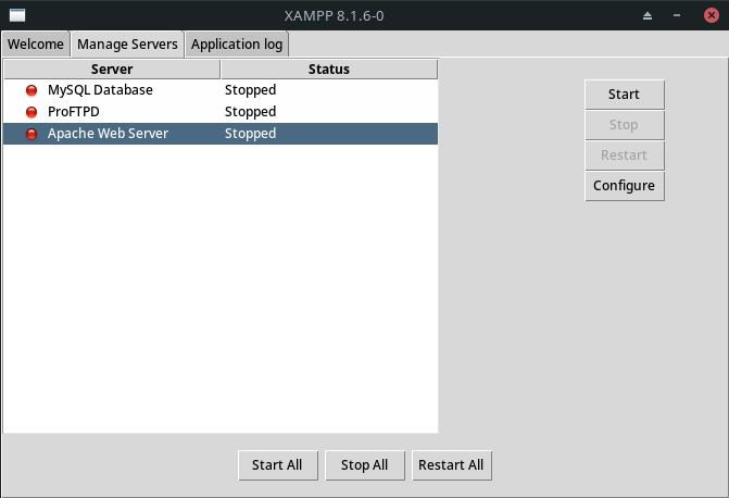 MySQL Database, ProFTPD, and Apache Web Server in the Manage Servers tab in Xampp