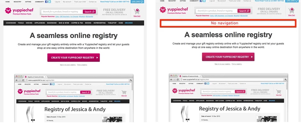 Yuppiechef conducted A/B testing for the versions of the website with and without the navigation