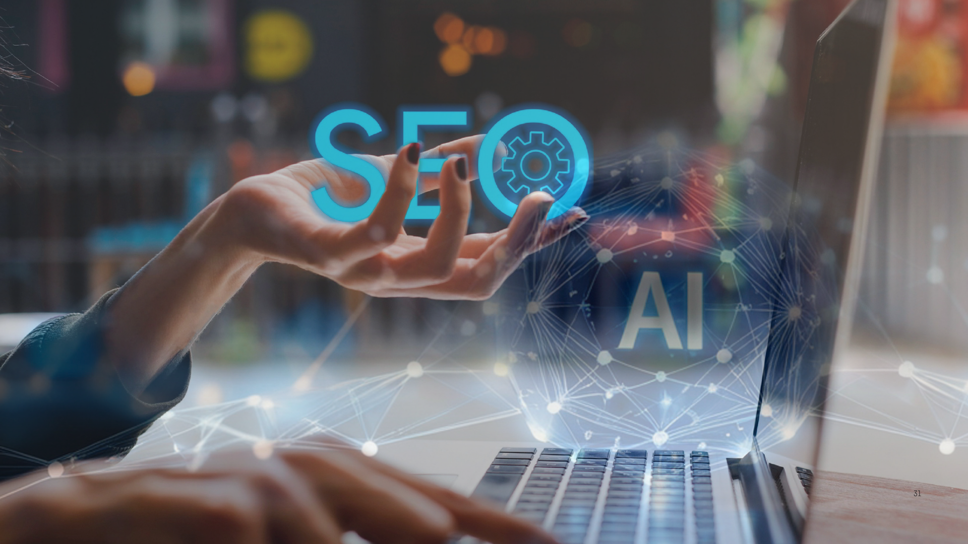 Mains sur un clavier d'ordinateur portable avec labels holographiques SEO et IA et un réseau de nœuds lumineux au-dessus du bureau - métaphore du SEO technique étendu aux contrôles AI-readability sur un site Drupal.