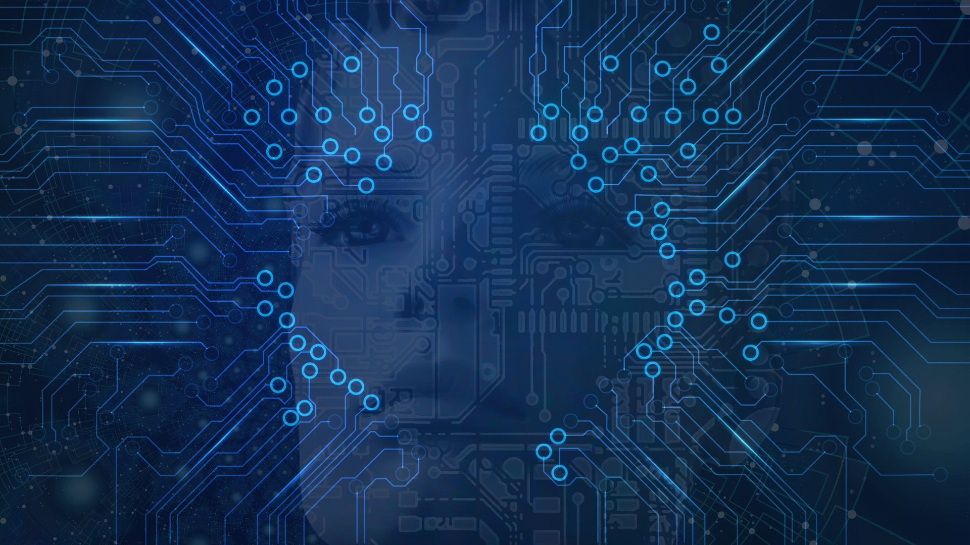 Visage numérique bleu abstrait recouvert de traces de circuit imprimé et de nœuds de connexion lumineux - métaphore de champs Drupal structurés alimentant l'answer coverage IA.