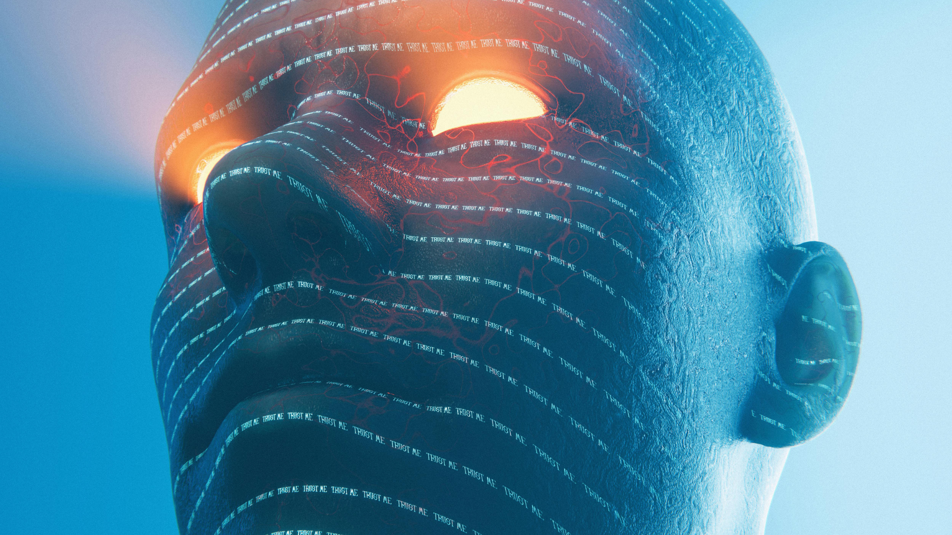 Visage IA bleu abstrait avec yeux orange lumineux et flux de texte TRUST ME répétés - métaphore des brouillons de traduction IA sur sites Drupal multilingues qui nécessitent encore une relecture éditoriale avant publication.
