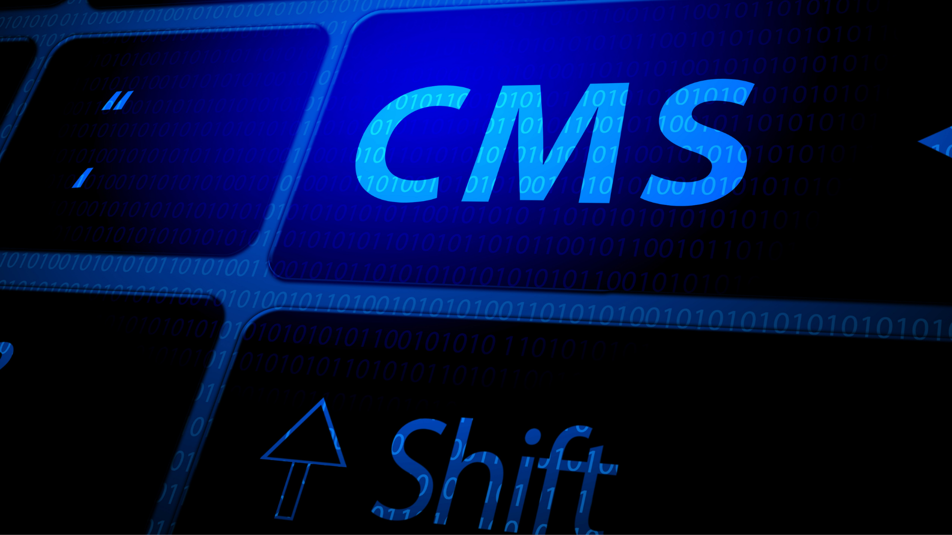 Gros plan d'un clavier d'ordinateur éclairé en bleu avec une grande touche lumineuse « CMS » et du code binaire en arrière-plan - métaphore du choix entre Drupal, Contentful, Sanity et Storyblok comme plateforme CMS.