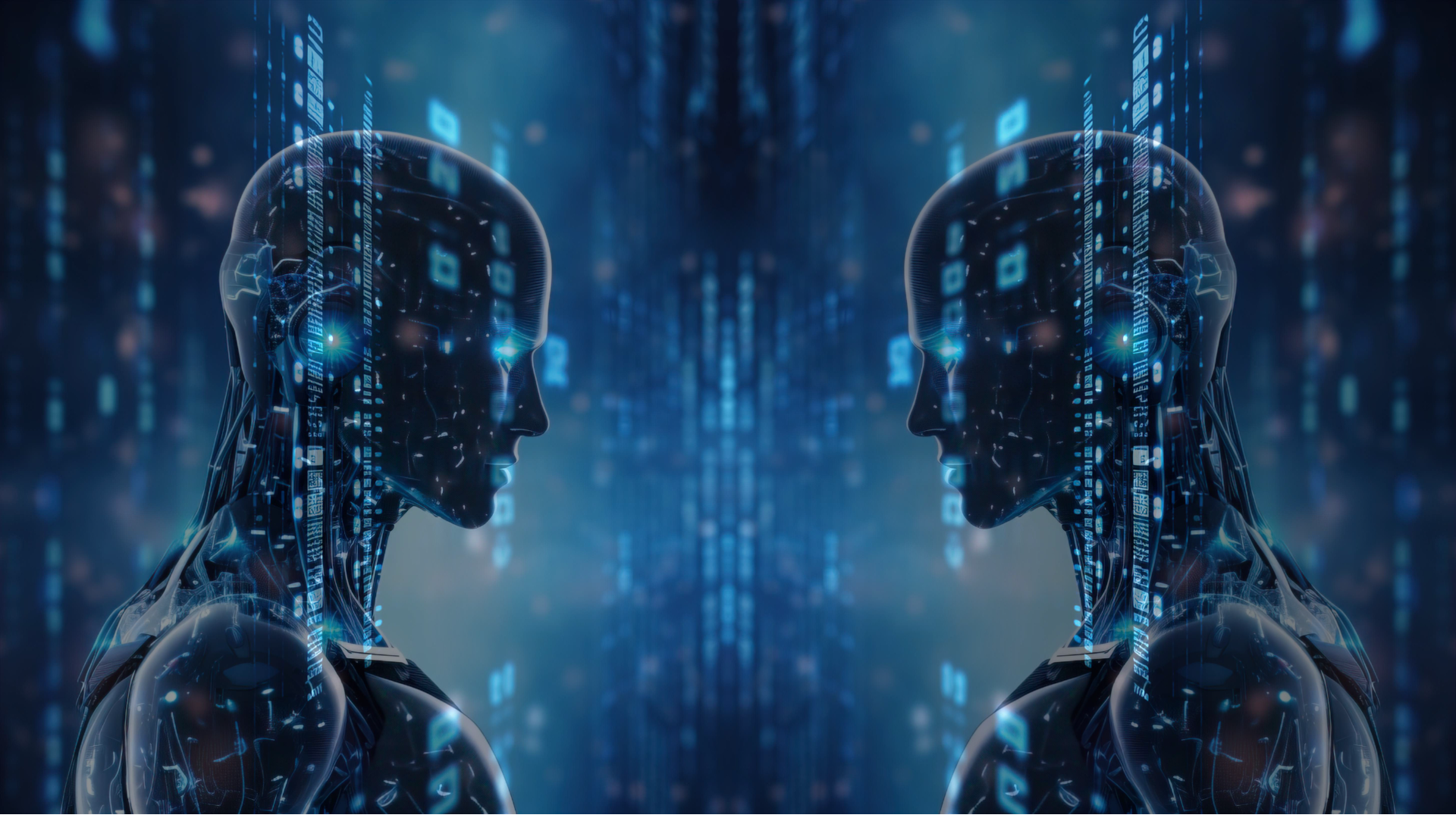 Deux profils de robots humanoïdes en miroir face à face devant des flux de données bleus lumineux et des circuits, métaphore visuelle du comparatif Drupal vs WordPress enterprise à l'ère de l'IA.