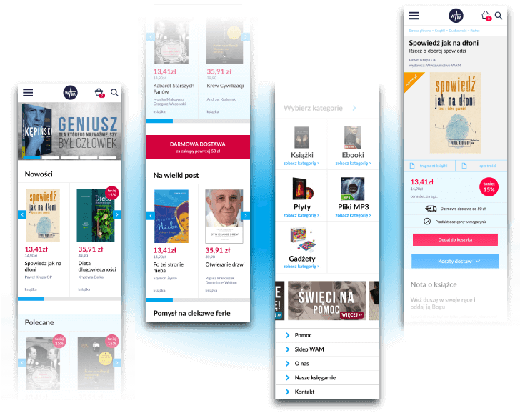 The mobile version of the WAM website focuses on the online bookstore customer experience