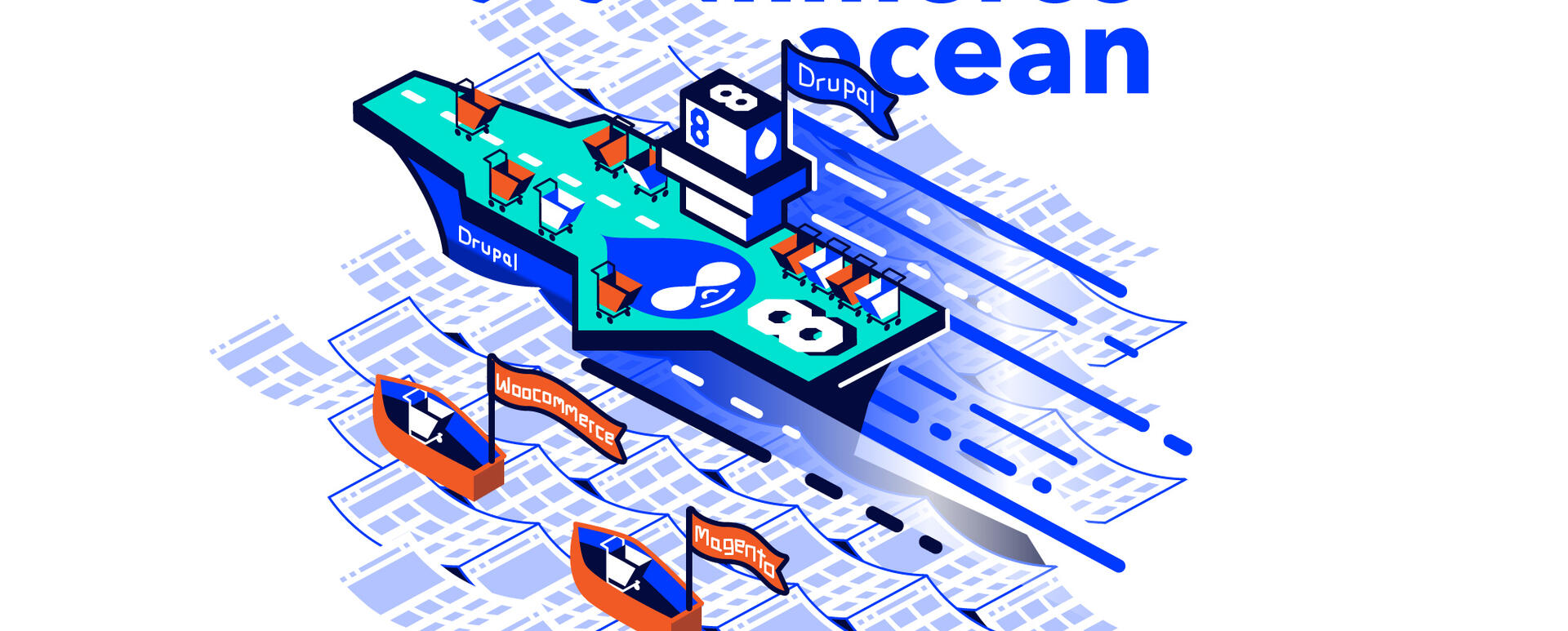 An aircraft carrier with Drupal logo is sailing on E-commerce ocean. Several carts are ready to take off. Small, rowing boats, labelled "woocommerce" and "magento" are sailing behind