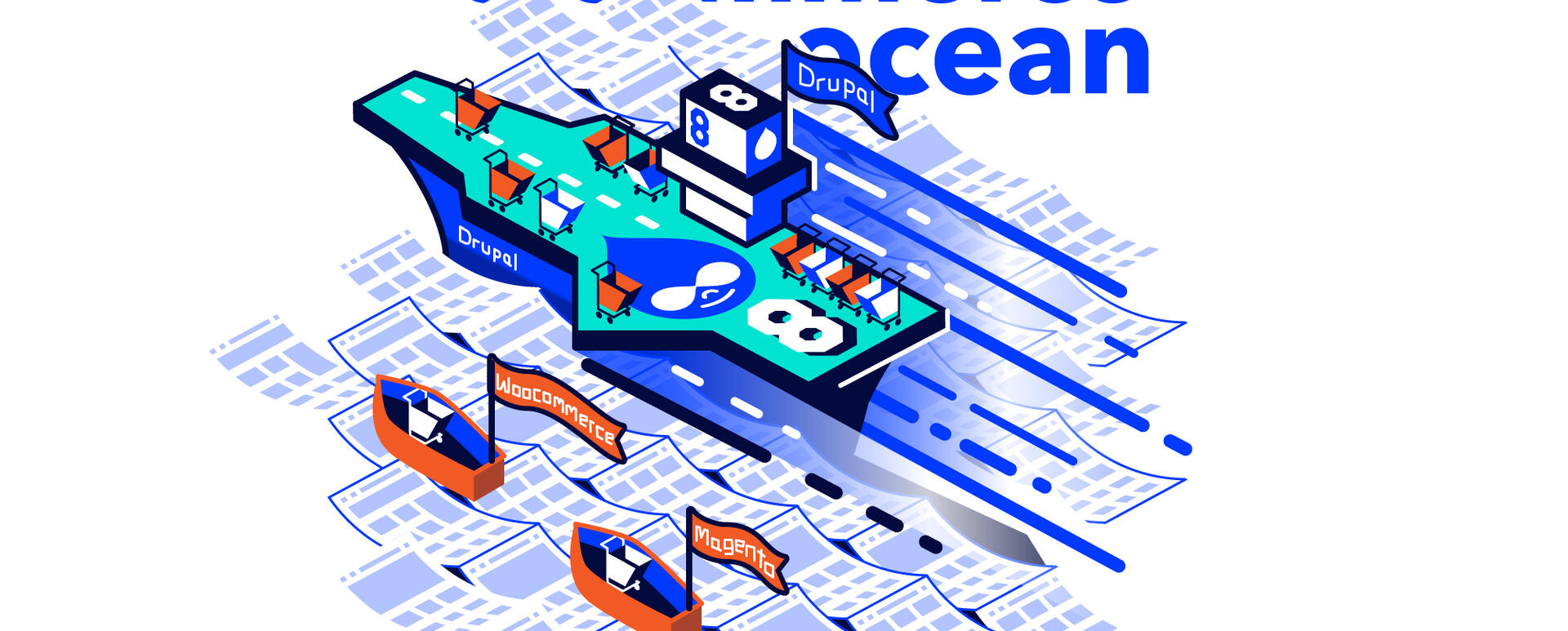 An aircraft carrier with Drupal logo is sailing on E-commerce ocean. Several carts are ready to take off. Small, rowing boats, labelled "woocommerce" and "magento" are sailing behind 