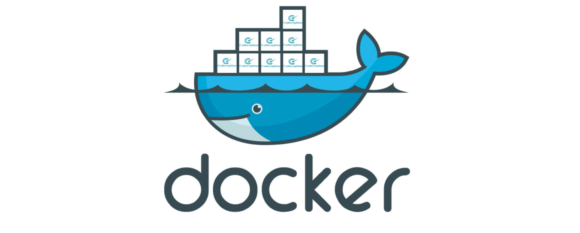 Logo: Characteristic docker logo with blue whale with containers on it's back. Box print changed for codeception mini-logos