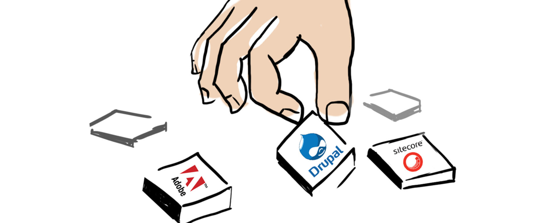 A hand picking Drupal logo among other poplar cmf-s