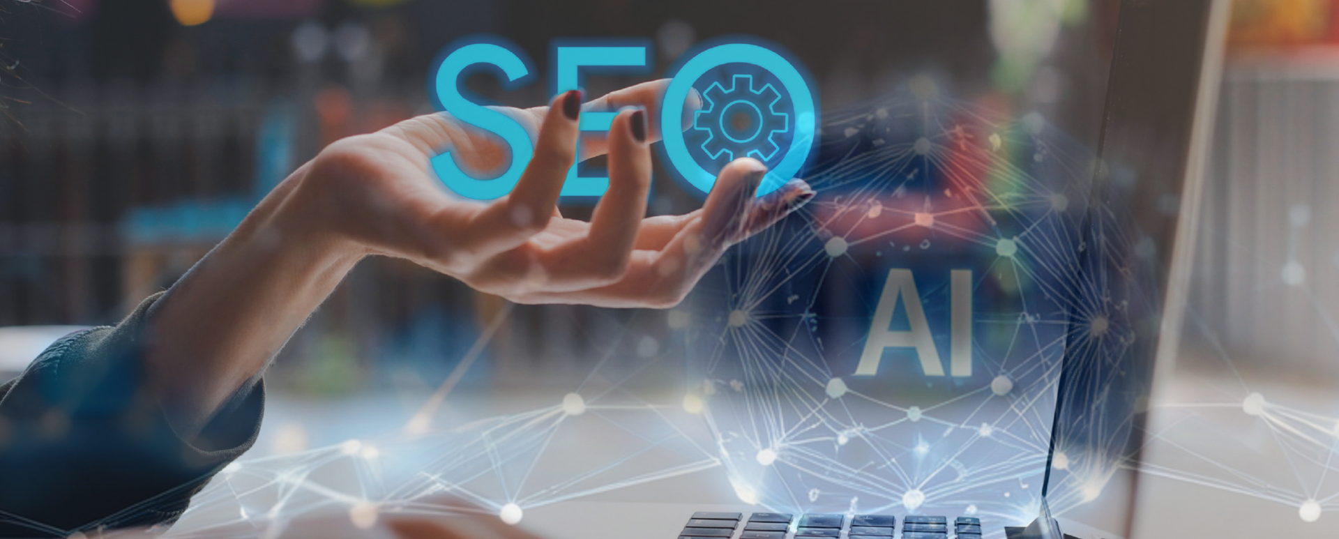 Mains sur un clavier d'ordinateur portable avec labels holographiques SEO et IA et un réseau de nœuds lumineux au-dessus du bureau - métaphore du SEO technique étendu aux contrôles AI-readability sur un site Drupal.
