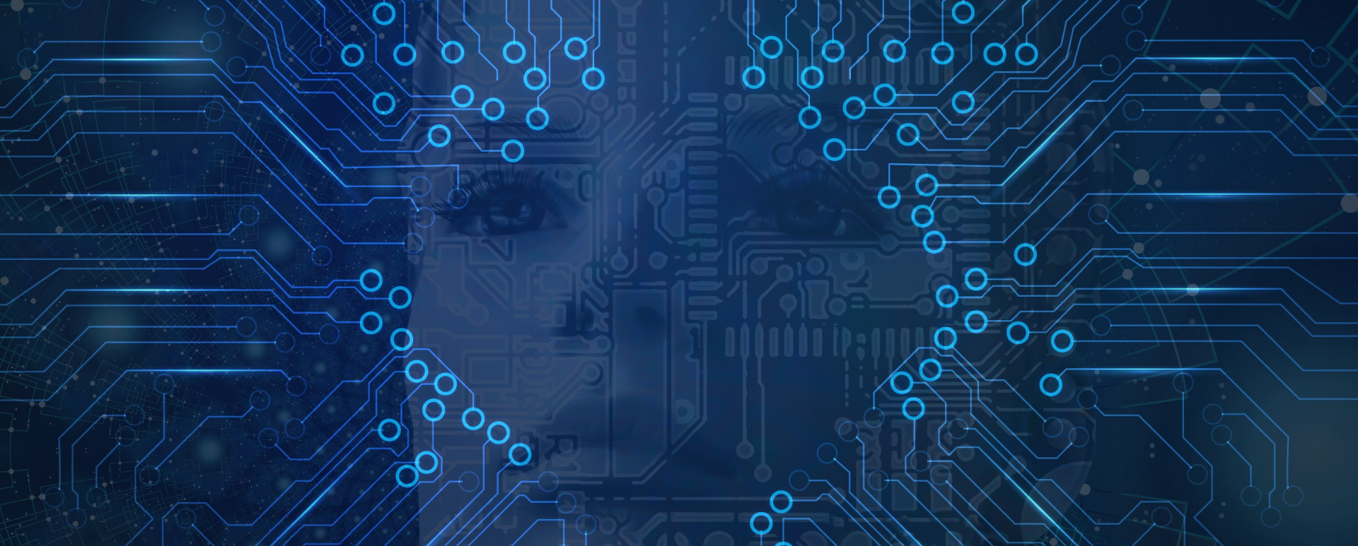 Visage numérique bleu abstrait recouvert de traces de circuit imprimé et de nœuds de connexion lumineux - métaphore de champs Drupal structurés alimentant l'answer coverage IA.