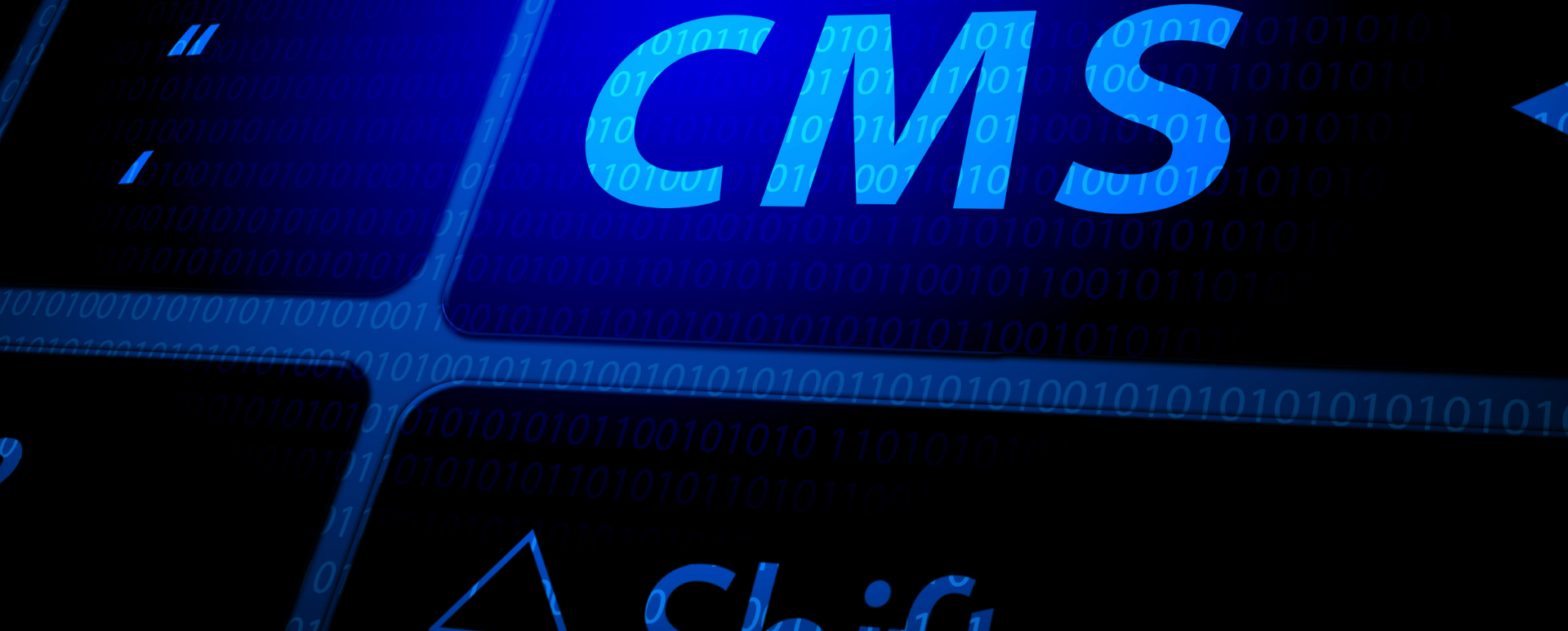 Gros plan d'un clavier d'ordinateur éclairé en bleu avec une grande touche lumineuse « CMS » et du code binaire en arrière-plan - métaphore du choix entre Drupal, Contentful, Sanity et Storyblok comme plateforme CMS.