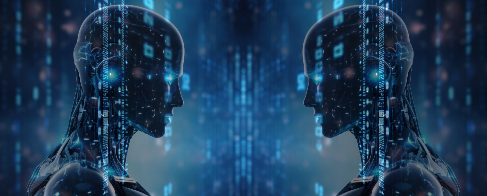 Deux profils de robots humanoïdes en miroir face à face devant des flux de données bleus lumineux et des circuits, métaphore visuelle du comparatif Drupal vs WordPress enterprise à l'ère de l'IA.