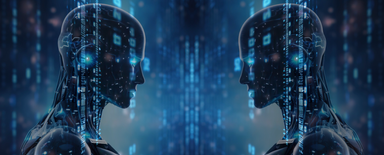Deux profils de robots humanoïdes en miroir face à face devant des flux de données bleus lumineux et des circuits, métaphore visuelle du comparatif Drupal vs WordPress enterprise à l'ère de l'IA.