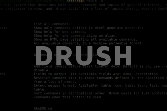 Grey text "drush". In the background: strings of drupal code.