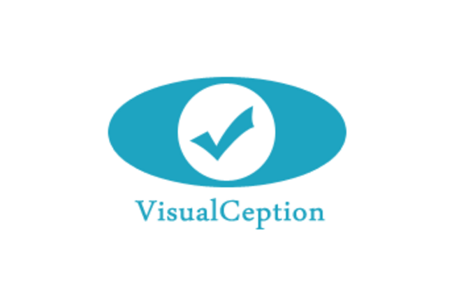 Oval, teal visualception logo reasembling an eye with thick instead of pupil