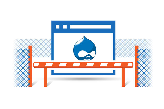 The illustration shows Site with Drupal logo guarded securely hidden behind a net
