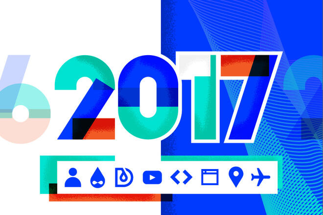 a colorful "2017" visible at the center of the image. Below, Icons symbolysing web development, travel and learning are shown at the grey bar
