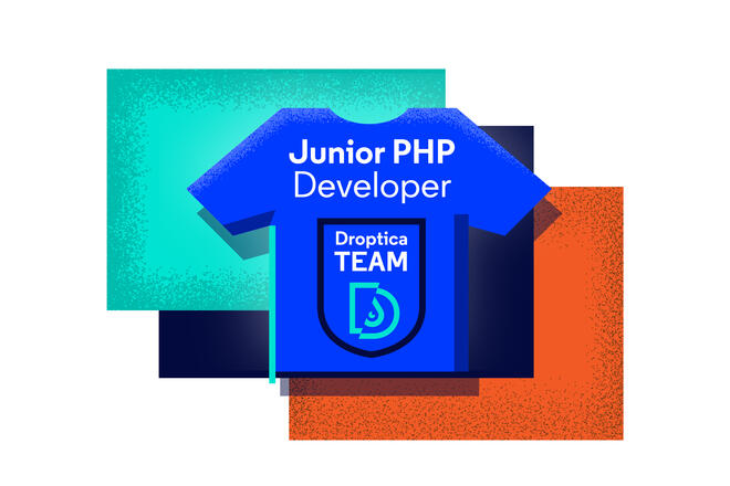 a blu t-shirt with "junior PHP" and Roptica logo printed on it. at the background, three squares, colored orange, black and teal are visible.