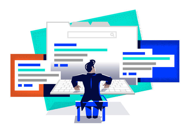 A man dressed as composer is sitting before giant keyboard and three big screens with webpages and catalogues opended.