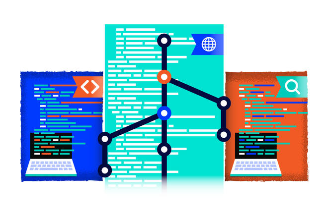 Three rectangles with illegible lines of code that symbolyse different stages of build are linked to main core visible in the rectangle in the middle by lines