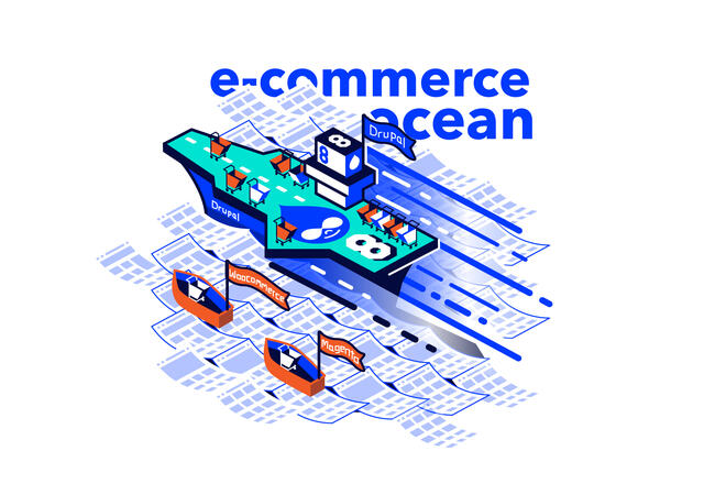 An aircraft carrier with Drupal logo is sailing on E-commerce ocean. Several carts are ready to take off. Small, rowing boats, labelled "woocommerce" and "magento" are sailing behind