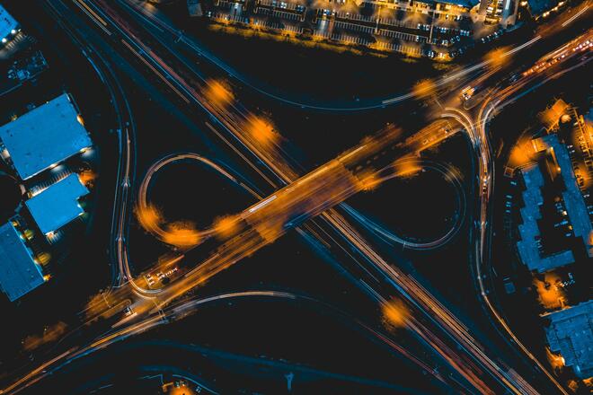 A split-level junction photographed in the night