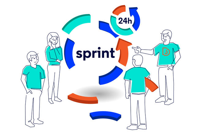 Four people in Droptica's t-shirts are improving the scrum cycle by changing some of it's elements.