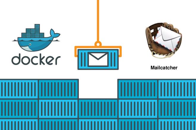 Docker and mailcatcher logo are visible on the opposite sides of an image at the top. They are separated by a grab lifting a unit marked with an envelope from a stack of identical blue containers