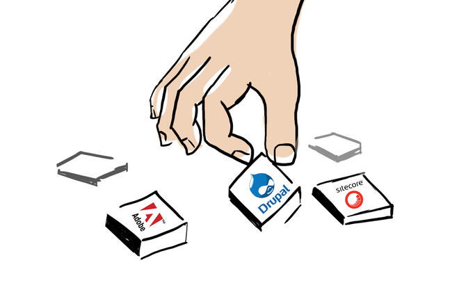 A hand picking Drupal logo among other poplar cmf-s